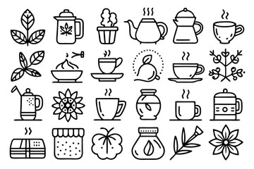 Collection of line icons depicting hot beverages tea coffee and teapot isolated on transparent background