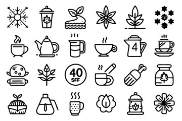 Collection of line icons depicting hot beverages tea coffee and teapot isolated on transparent background