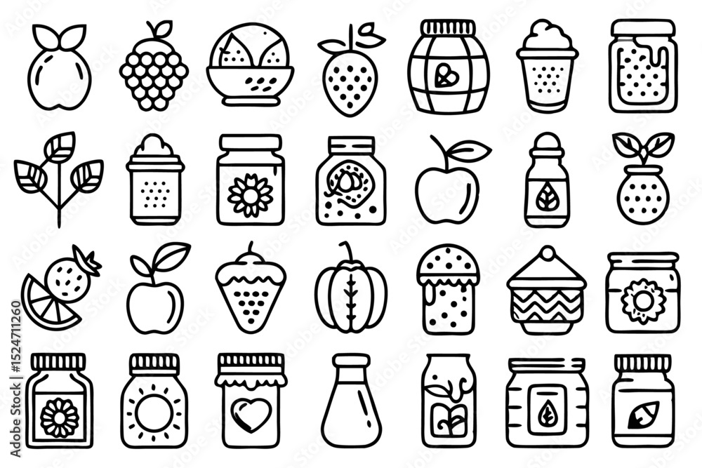 Poster line icons of jam jars and fruits strawberry design elements isolated on transparent background