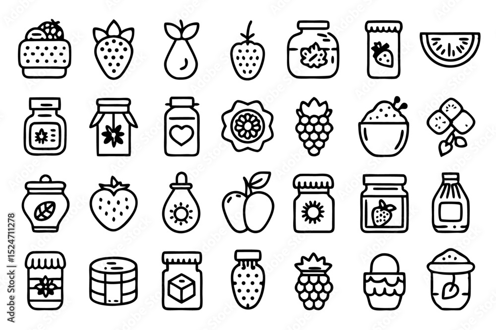 Poster line icons of jam jars fruit strawberry design elements isolated on transparent background