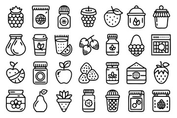 Line icons of jam jars fruits strawberries and other berries isolated on transparent background