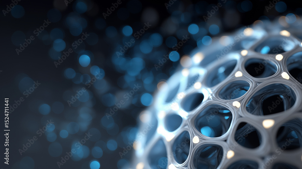 Poster abstract sphere with holes and glowing points surrounded by blue bokeh lights in dark background