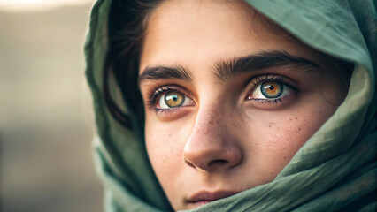 Fototapeta premium Close Up of a Beautiful Young Woman with Heterochromia Eyes Wearing a Green Headscarf