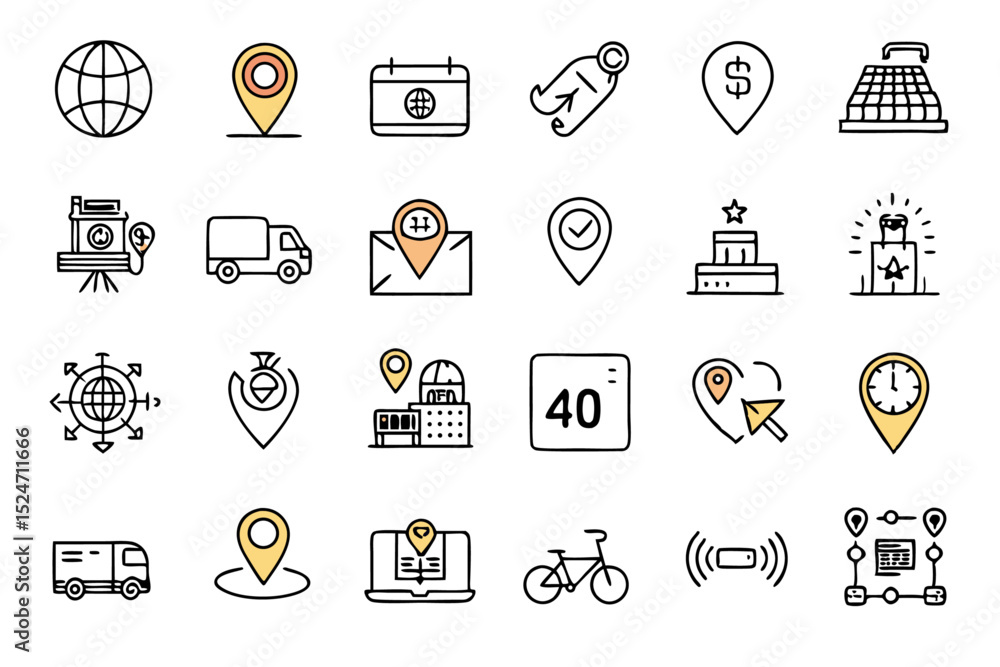 Poster collection of location pin map navigation line icons isolated on transparent background