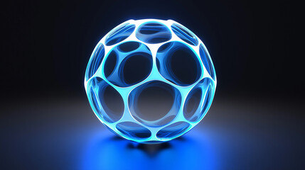 A blue glowing sphere with interconnected circular openings on a dark reflective surface