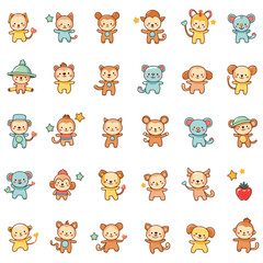 set of funny animals. Colorful children cartoon icon collection. set of funny line doodle decoration on isolated background.