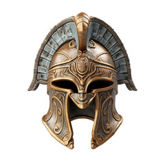 Close up of a bronze colored helmet with intricate designs against a transparent background