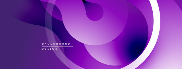 Abstract purple design. Overlapping shapes create fluid, modern aesthetic. Gradient hues offer depth, visual interest.