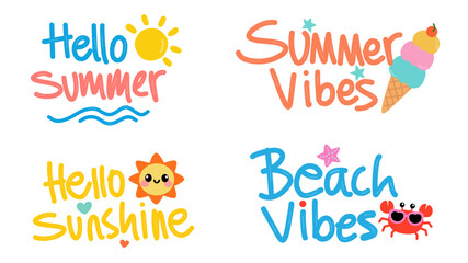 Cheerful set of summer-themed typography with hand-drawn style and cute illustrations like sun, ice cream, and crab. Includes phrases like Hello Summer, Beach Vibes, Summer Vibes, and Hello Sunshine.