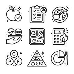 Dietary icons featuring healthy eating and diet concepts. Suitable for wellness blogs, nutrition websites, recipe guides, and food graphics.