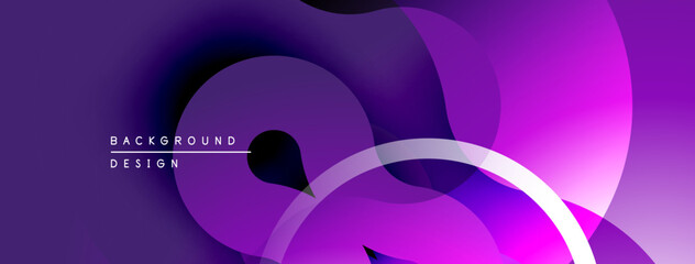 Abstract fluid shapes, purple hues dominate design. Overlapping layers create depth, modern aesthetic. Minimalist composition, smooth gradients present.