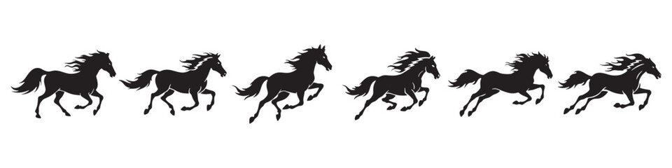 Set of Powerful Running Horses in Black Silhouette, Showing Dynamic Motion and Grace