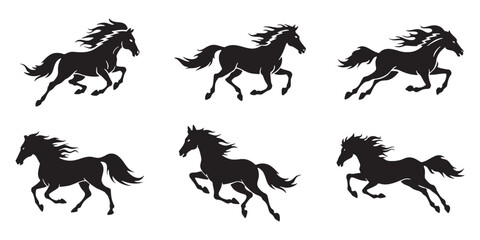 Black Silhouette Horses Galloping in Sequence with Flowing Manes and Strong Strides