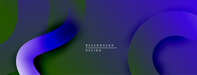 Abstract background features flowing shapes, vibrant blues, greens. Modern design with layered effect, smooth transitions.