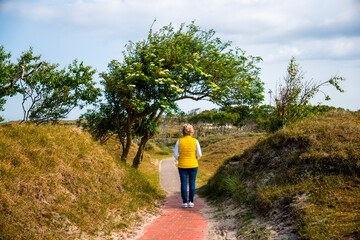 Frau auf dem Wanderweg Zuckerpad durch die Dünenlandschaft im Nationalpark, Norderney, Niedersachsen, Deutschland, Europa