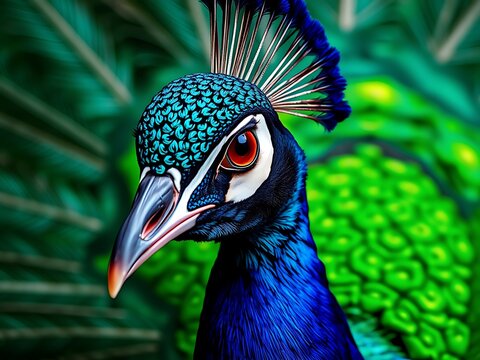 Peacock head close up with vibrant feathers and bright colorful details in nature