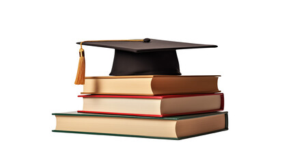Graduation cap on stack of books against a transparent background