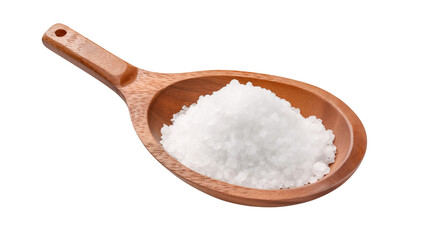Wooden spoon filled with a pile of white crystalline salt at transparent background.