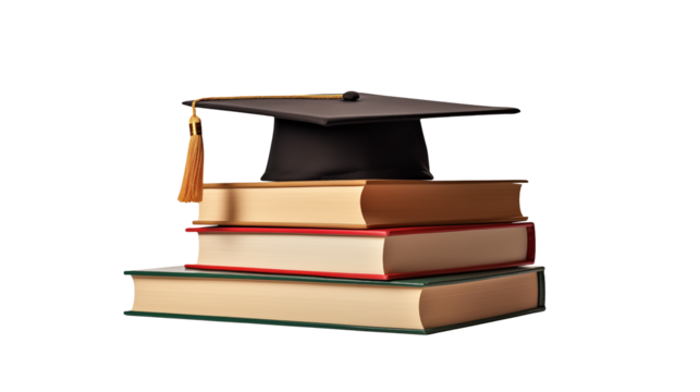 Graduation cap on stack of books against a transparent background - Powered by Adobe