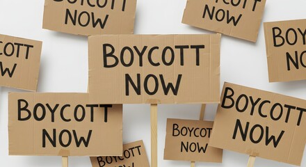 Boycott. Protest signs crafted from reused cardboard boxes with red “boycott now” wording, set on a plain white backdrop for use in editorial or design elements.