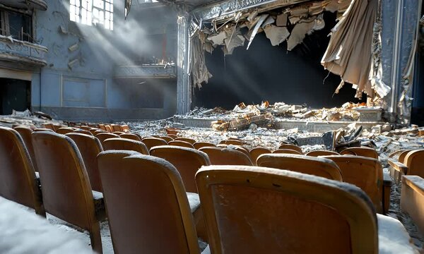 Abandoned theater with sunlight shining through ruin