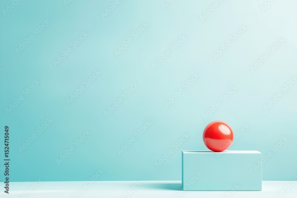 Poster balancing a bright red sphere on a light blue cube minimalist studio abstract art calm environment c
