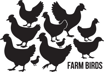 Vector cartoon illustration of farm poultry, a rooster and hen with a chick