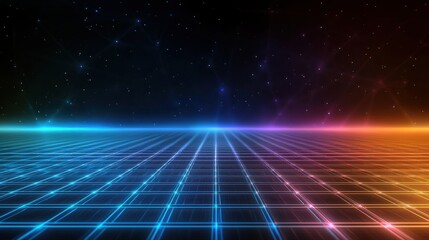Futuristic neon grid landscape virtual reality digital art cosmic environment wide angle view surreal concept for creative projects