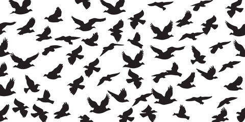 Seamless vector pattern with flying bird and butterfly silhouettes in black design