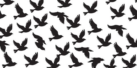 Set of bird silhouettes vector seamless pattern with flying wings and feathers design