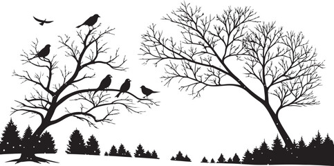 Nature tree silhouettes with birds vector illustration