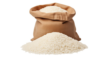 A bag of rice with a pile of rice in front of the bag