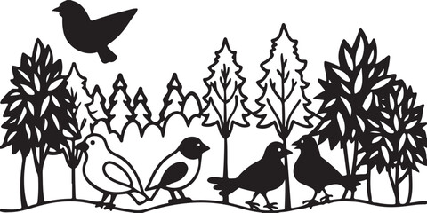 Cute cartoon birds on a tree branch illustration with spring flowers and leaves, perfect for nature-inspired design