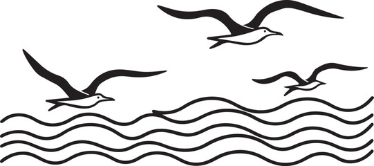Obraz premium Abstract vector illustration of a seagull silhouette and other sea animals in the blue sky and ocean waves