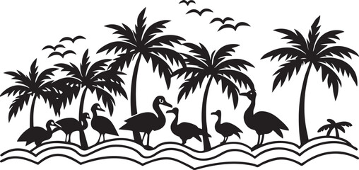 Tropical summer beach paradise vector illustration with palm tree silhouettes at sunset