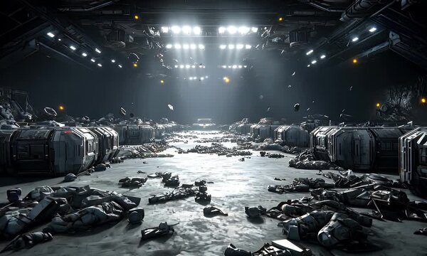 Aftermath of a brutal fight in a futuristic setting