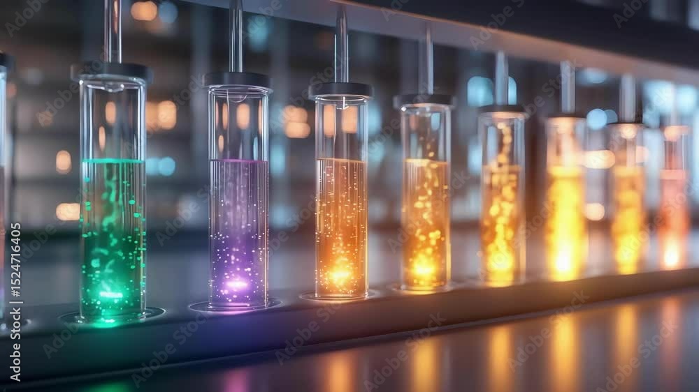 Poster a row of test tubes filled with colorful liquids, illuminated to create a vibrant visual effect.