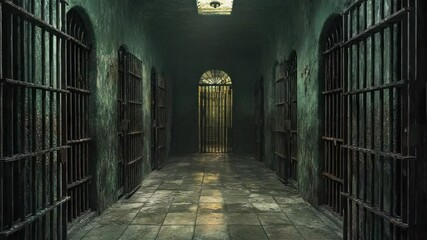 Long, dark prison corridor with barred cells - Powered by Adobe