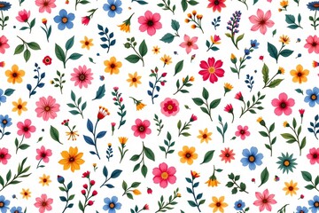 minimalist digital pattern of small colorful flowers and leaves on a white background