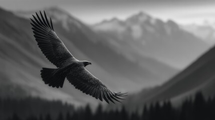Majestic Eagle Soaring Above Dramatic Mountain Peaks in a Breathtaking Monochrome Landscape