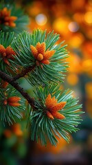 A close-up, vertical photograph of three vibrant green pine branches, 