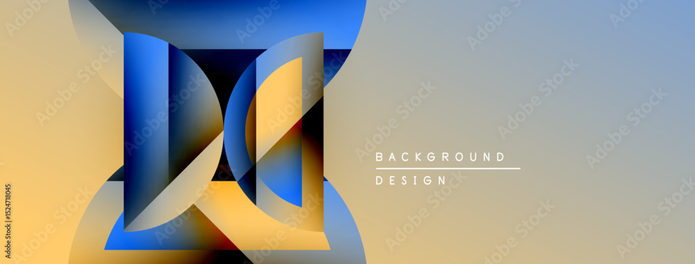 Poster Abstract geometric design. Blue, yellow gradients create layered shape. Minimalist background with text elements present.