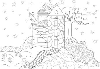 Haunted House Halloween Coloring Page, Black and white line art illustration of a spooky haunted house on a hill. Features include a creepy house with a spiral staircase, a dead tree, flying bats, a 