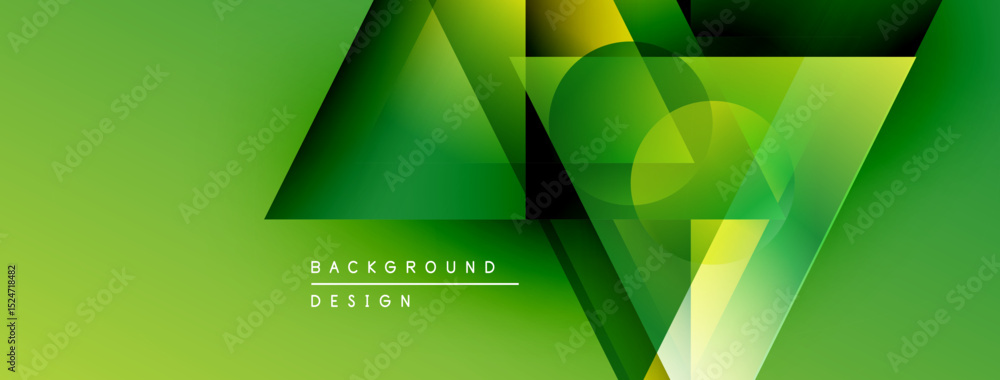 Poster Abstract geometric shapes overlap, creating vibrant green gradients. Modern design elements suggest dynamic visual experience.