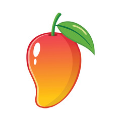 A cartoon mango with a gradient of orange to yellow a green stem and leaf and a glossy texture against a white background
