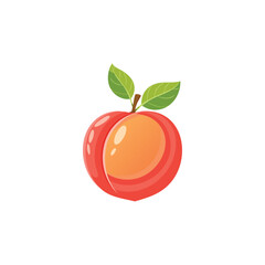 A cartoon peach is depicted with leaves
