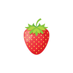 A red strawberry with green leaves and yellow seeds centered against a white background