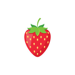 A red strawberry with small scattered yellow seeds and a green leafy stem