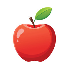 A red apple with a brown stem and green leaf