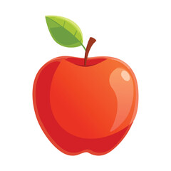 A vibrant red apple with a green leaf and brown stem